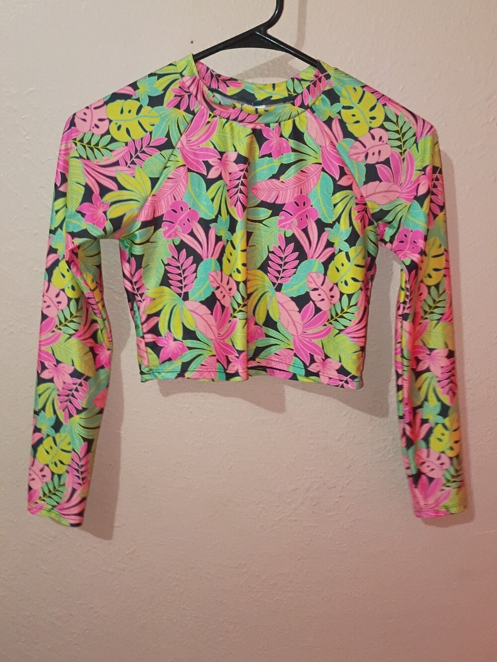 Girls Cat & Jack Size 14 Long Sleeve Tropical Crop Rash Guard - Pink & Green
